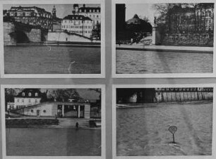 Szenen aus dem Dokumentarfilm "Die Elbe steigt!": Augustusbrücke, Neustädter Seite (links oben); Elbwiesen am Wasserwerk "Saloppe" (rechts unten); Neustädter Ufer mit Blick zum Gebäude des Zirkus Sarrasani (rechts oben)