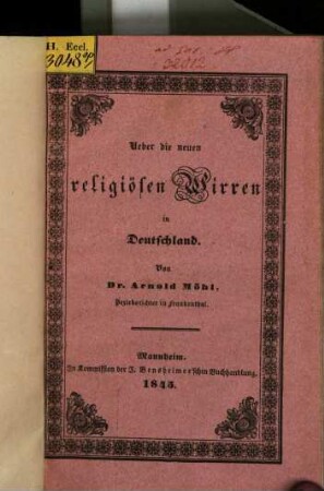 Ueber die neuen religiösen Wirren in Deutschland