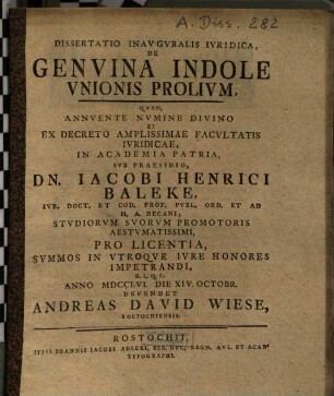 Dissertatio inauguralis iuridica de genuina indole unionis prolium