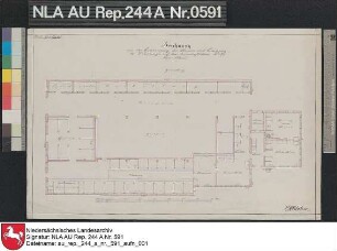 Grundriß vom Platzgebäude der Domäne Meer Aland bei WIRDUM Kolorierte Zeichnung von NN. Papier Format 46,6x29,7 M 1:130