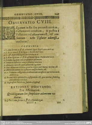 Observatio CVIII. Legatum in Re seu pecunia certa in Testamento relictum, & potesta a Testatore vel alienatum est, vel consumtum: An Testator ademisse censeatur?