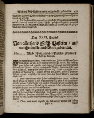 Das XXVI. Capitel. Von allerhand Fisch-Pasteten / auf mancherley Art und Weise zu bereiten.