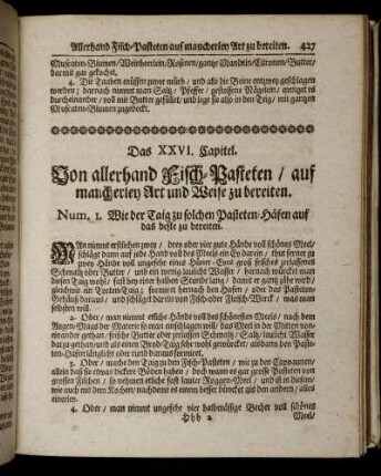 Das XXVI. Capitel. Von allerhand Fisch-Pasteten / auf mancherley Art und Weise zu bereiten.