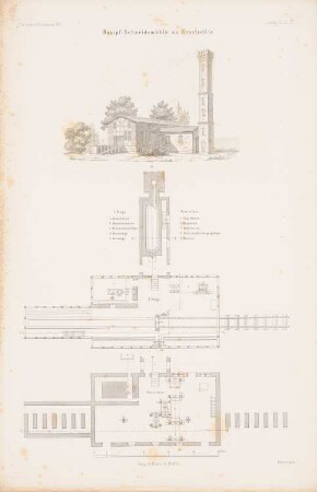 Dampfschneidemühle, Neustrelitz: Grundriss Keller, 1.OG, Perspektivische Ansicht, Detail (aus: Atlas zur Zeitschrift für Bauwesen, hrsg. v. G. Erbkam, Jg. 7, 1857)