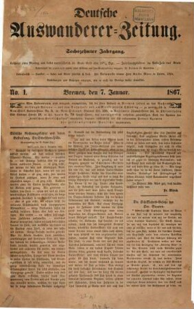 Deutsche Auswanderer-Zeitung. 1867, Jan. - Dez. = Jg. 16