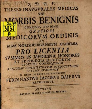 Theses inaug. med. de morbis benignis