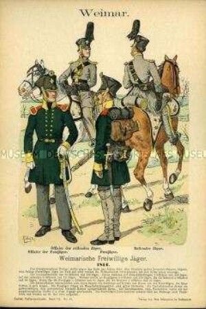 Uniformdarstellung, Offiziere und Gemeine der Jäger-Regimenter zu Fuß bzw. der Jäger-Regimenter zu Pferde, Herzogtum Sachsen-Weimar-Eisenach, 1814.