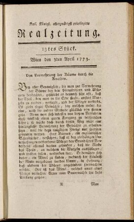 13tes Stück. Wien den 3ten April 1773.