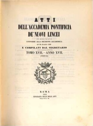 Atti dell'Accademia Pontificia dei Nuovi Lincei. 17, 17. 1863/64 (1864)