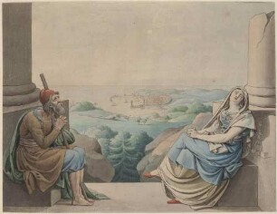 Zu Schillers "Kampf mit den Drachen" (Nr. 1): Greis und Jungfrau verzweifelt die Hände ringend, dahinter Landschaft mit Drache vor der Insel Rhodos (Blatt 1)