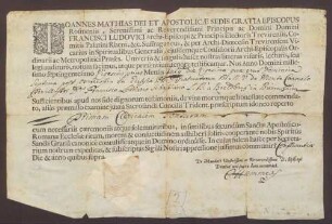 Zeugnis über erste Tonsur Franz Lothar von Breidbachs zu Bürresheim.
