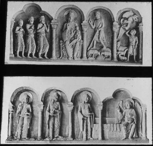 Bonn, Reliefzyklus der sog. Gustorfer Chorschranken, Anbetung der Könige, Hirten, Engel und drei Marien am Grab, Rheinisches Landesmuseum