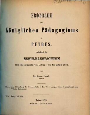 Programm des Königlichen Pädagogiums zu Putbus. 1877/78