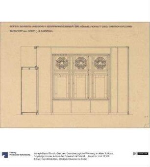 Giessen, Grossherzogliche Wohnung im Alten Schloss, Empfangszimmer, Aufriss der Ostwand mit Schnitt durch die nördliche Schrankwand