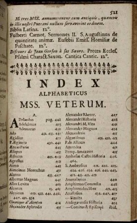 Index Alphabeticus Mss. Ueterum.