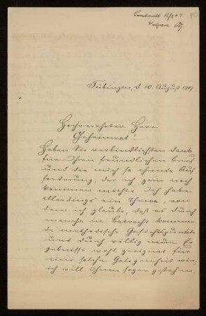 80: Brief von Siegfried Rietschel an Otto von Gierke, Tübingen, 10.8.1907
