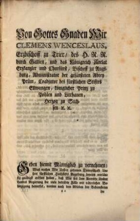 Hochfürstl. Augsburg. Verordnung die Wittwen- und Weysen Casse betreffend