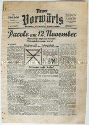 Exilausgabe der SPD-Organs "Vorwärts" zur "Reichstagswahl" und Volksabstimmung am 12. November 1933