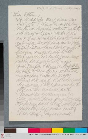 Briefe: Brief von Elfriede Lohse-Wächtler an Sidonie Wächtler und Gustav Adolf Wächtler