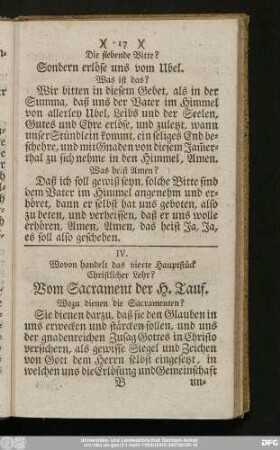 IV. Wovon handelt das vierte Hauptstück Christlicher Lehr? Vom Sacrament der H. Tauf.