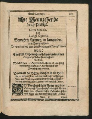 Die Neunzehende Leich-Predigt. Certa Medela, Sub Longa Querela.