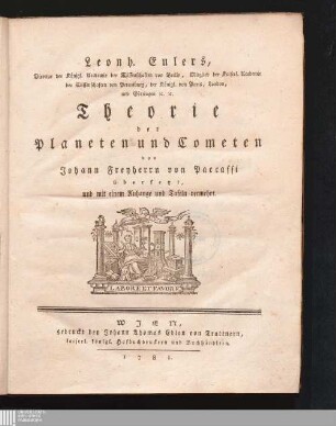 Leonh. Eulers, ... Theorie der Planeten und Cometen
