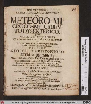 Thema Inaugurale Medicum. De Meteoro Microcosmi Cruento Dysenterico