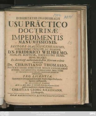 Dissertatio Inauguralis De Usu Practico Doctrinæ De Impedimentis Manumissionis