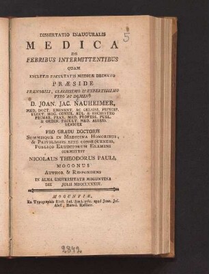 Dissertatio Inaugularis Medica De Febribus Intermittentibus