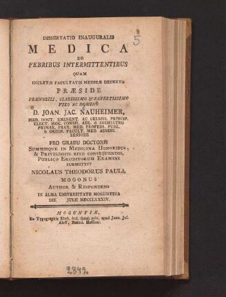 Dissertatio Inaugularis Medica De Febribus Intermittentibus