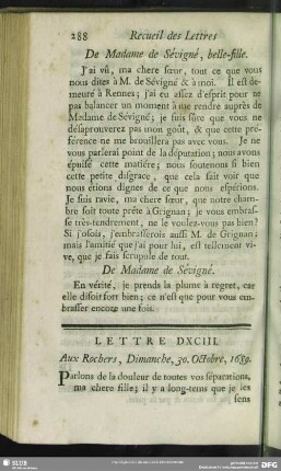 Lettre DXCIII. Aux Rochers, Dimanche, 30. Octobre, 1689