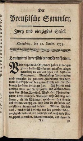 Zwey und vierzigstes Stück. Königsberg, den 21. Octobr. 1773.