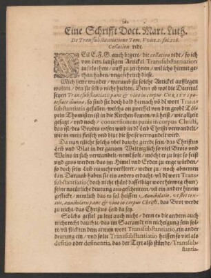 Eine Schrifft Doct. Mart. Luth. De Transsubstantiatione ...