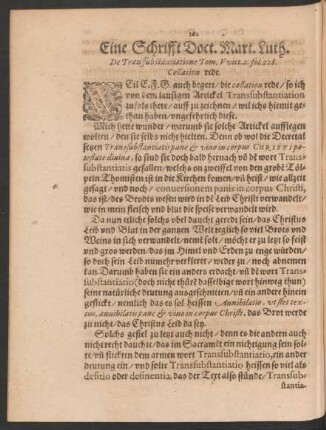 Eine Schrifft Doct. Mart. Luth. De Transsubstantiatione ...