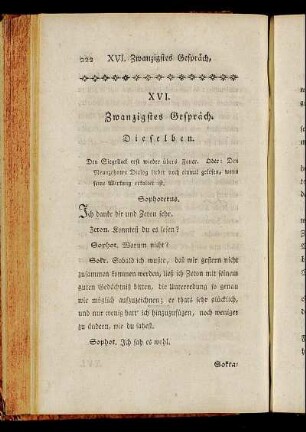 XVI. Zwanzigstes Gespräch. Dieselben. - XVIII. Zwey und zwanzigstes Gespräch.