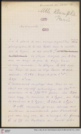 Briefe von Max Wolf an Dorothea Roberts-Klumpke: Brief von Max Wolf an Dorothea Roberts-Klumpke