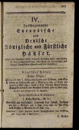 IV. Itzt Regierende Europäische und Deutsche Königliche und Fürstliche Häuser