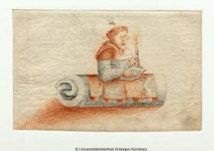 Halbfigur eines bebrillten Mönches, der beim Lichte einer Kerze in einem Buche liest, das er auf eine mit einem Teppich bedeckte Rolle gelegt hat