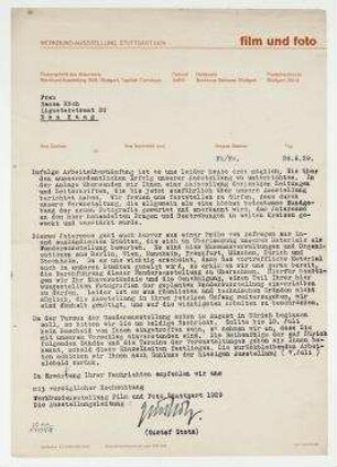 Brief Werkbund-Ausstellung Film und Foto/Die Ausstellungsleitung / gez. Gustav Stotz an Hannah Höch. Stuttgart. Briefkopf: "WERKBUND-AUSSTELLUNG STUTTGART 1929 film und foto [...]".