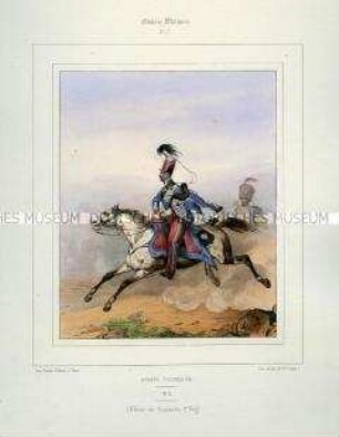 Uniformdarstellung, Offizier des 1. Husaren-Regiments zu Pferd, Königreich Frankreich, 1840/1847. Tafel Nr. 7 aus: Galerie Militaire.