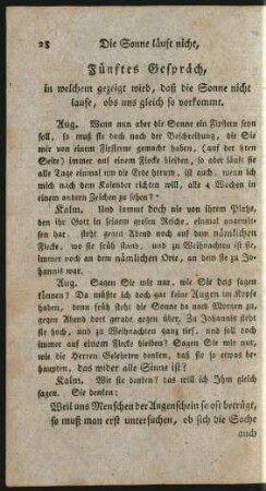 Fünftes Gespräch, in welchem gezeigt wird, daß die Sonne nicht laufe, obs uns gleich so vorkommt