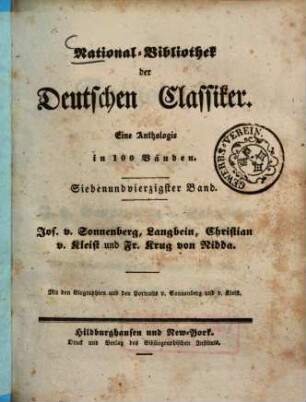 Jos. v. Sonnenberg, Langbein, Christian v. Kleist und Fr. Krug von Nidda : mit den Biographien und den Portraits v. Sonnenberg und v. Kleist