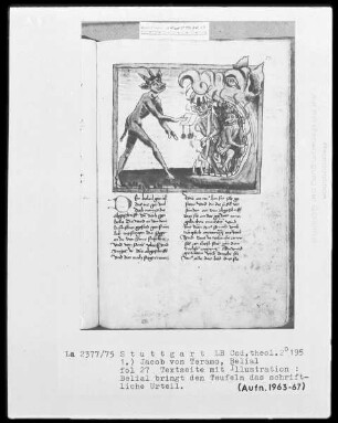 Jacob von Teramo, Belial und Johannes von Mandeville, Reise nach Jerusalem — Jacob von Teramo, Belial — Belial bringt den Teufeln das schriftliche Urteil, Folio 27recto