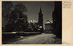 Postkartenalbum mit Motiven von Karlsruhe. "Karlsruhe. Friedrichsplatz im Winter bei Mondschein"