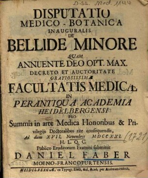 Disputatio Medico-Botanica Inauguralis De Bellide Minore