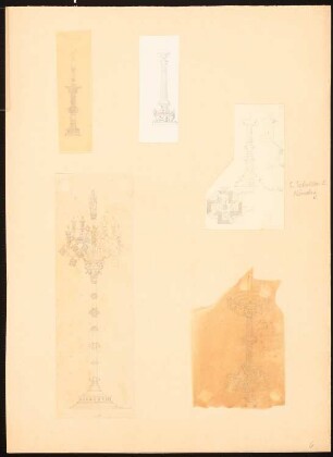 Kerzenleuchter und Kronleuchter, auch aus der S. Sebaldus-Kirche, Nürnberg: Fünf Ansichten von reich ornamentierten Kerzenhaltern und einem stehenden Kronleuchter, Grundriss des Leuchters aus Nürnberg (1696), Skizze Teilansicht eines Hauses ? in Viterbo (5 Blätter mit Nach- oder Durchzeichnungen, u.a. nach einem Druck durch Wenzeslaus von Olmütz, 1780)