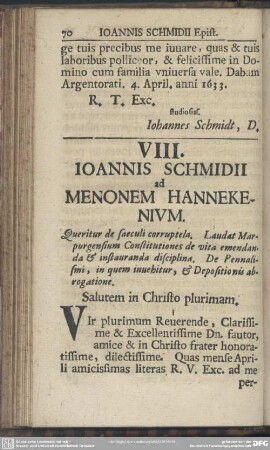 VIII. Ioannis Schmidii ad Menonem Hannekenium