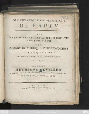 Dissertatio Ivris Criminalis De Raptv