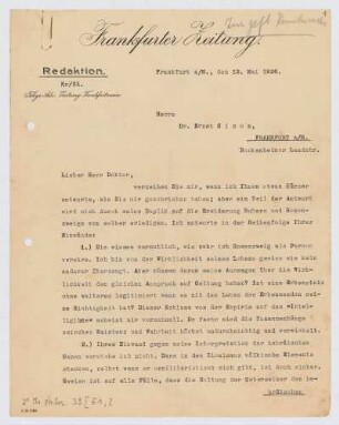 Brief von Siegfried Kracauer an ʿAqîvâ Ernsṭ Sîmôn