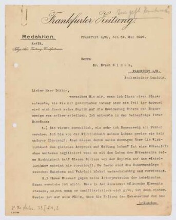Brief von Siegfried Kracauer an ʿAqîvâ Ernsṭ Sîmôn